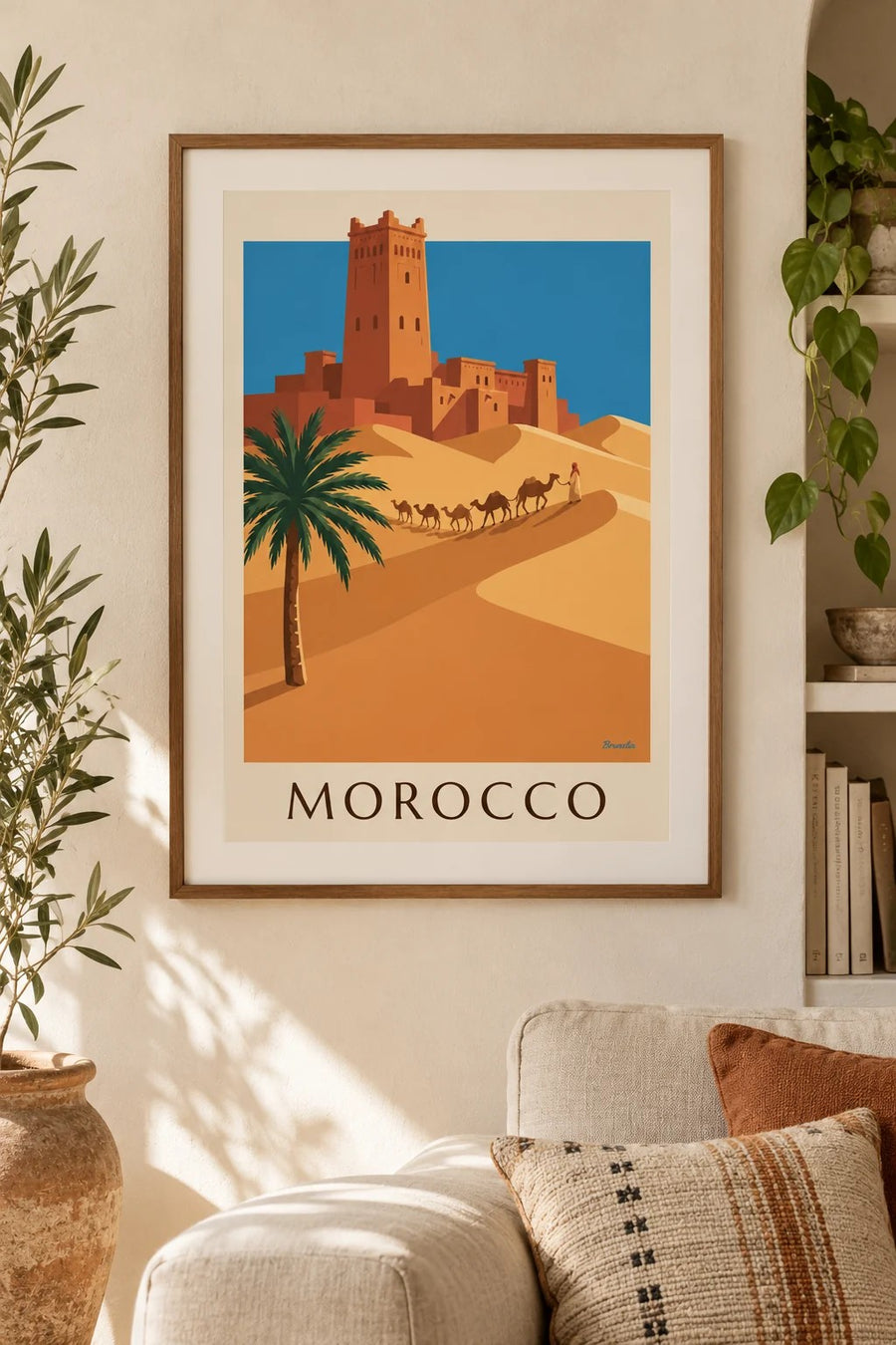 Poster Kasbah und Kamelkarawane in der marokkanischen Wüste: kleines Format A4 gerahmt