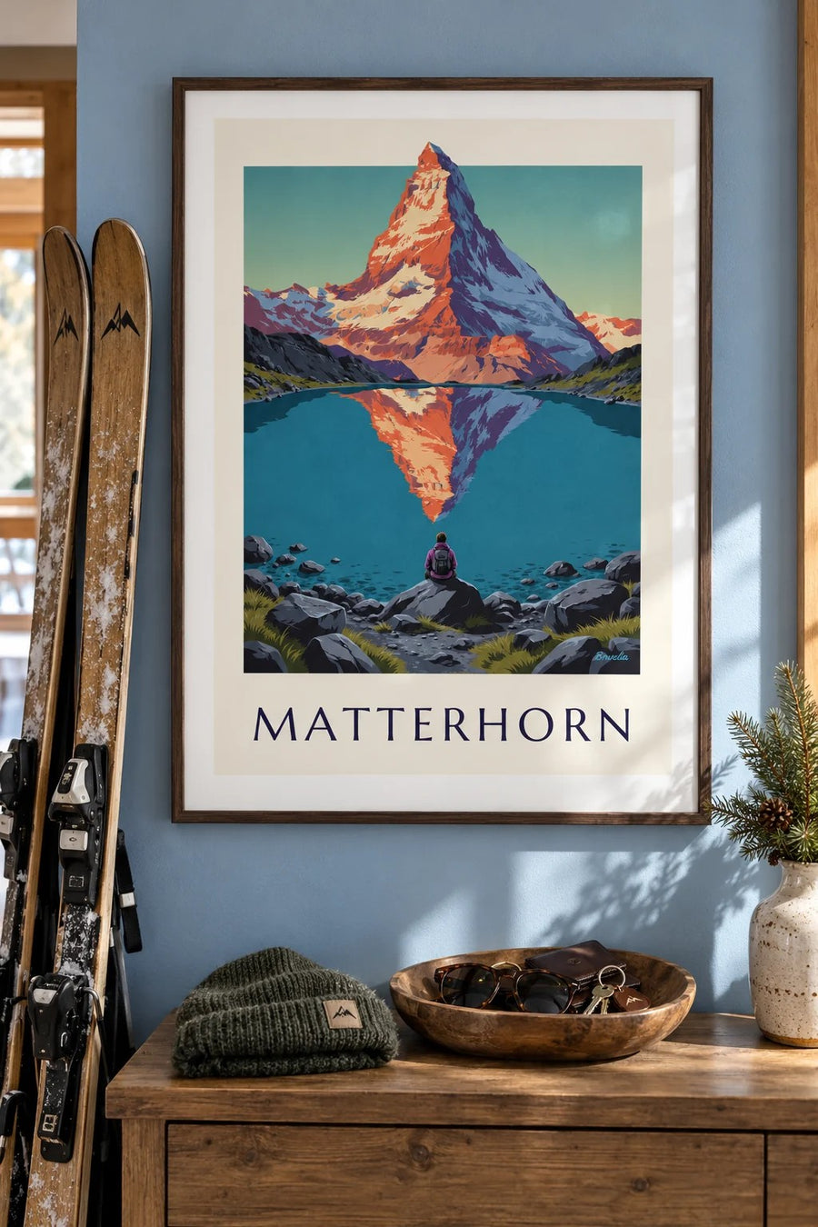 Poster Matterhorn bei Sonnenuntergang, gespiegelt in einem Bergsee: gerahmt an der Wand