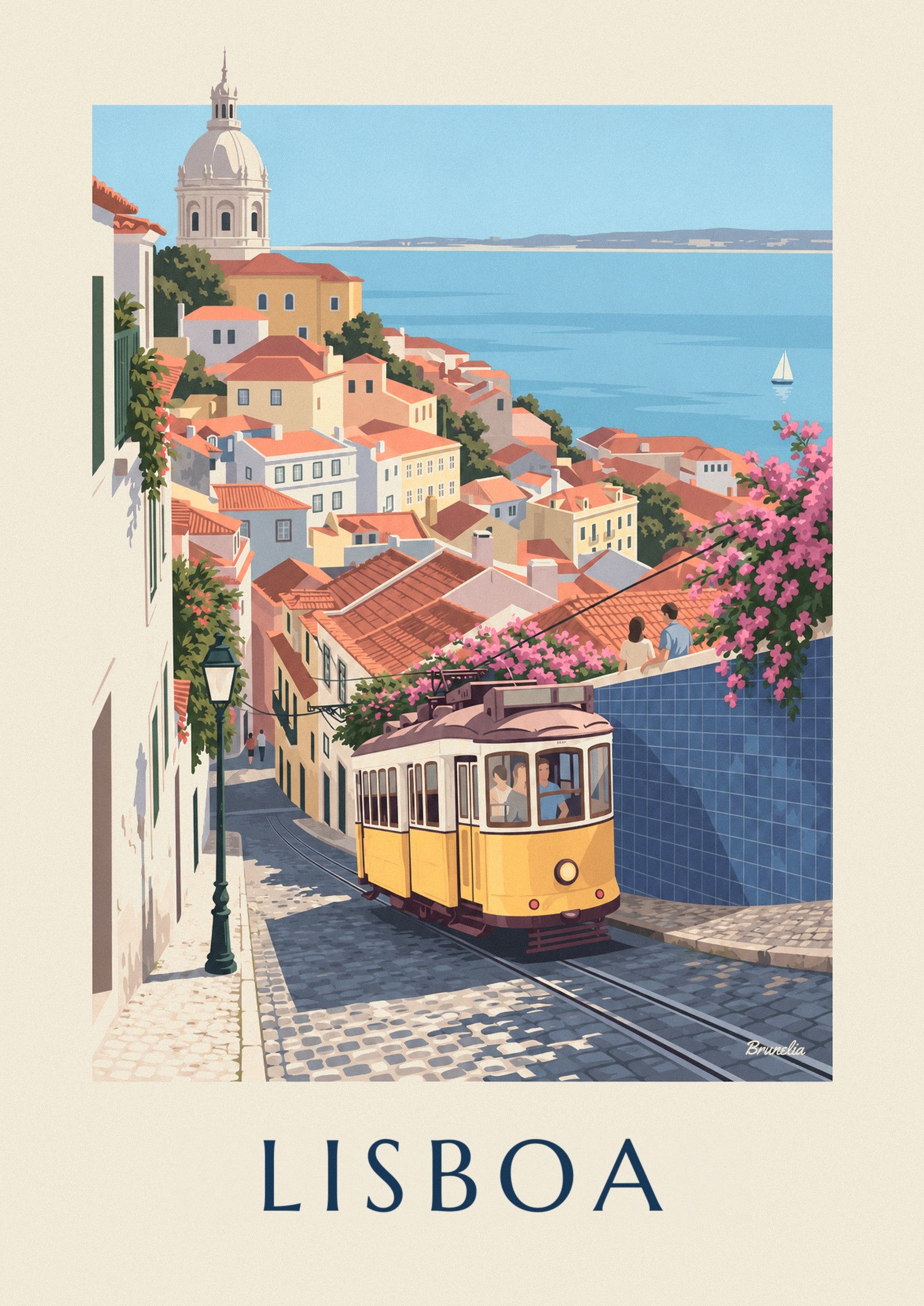 Poster gelbe Straßenbahn in einer Kopfsteinpflastergasse in Lissabon mit Blick auf den Tejo: Detail in Nahaufnahme