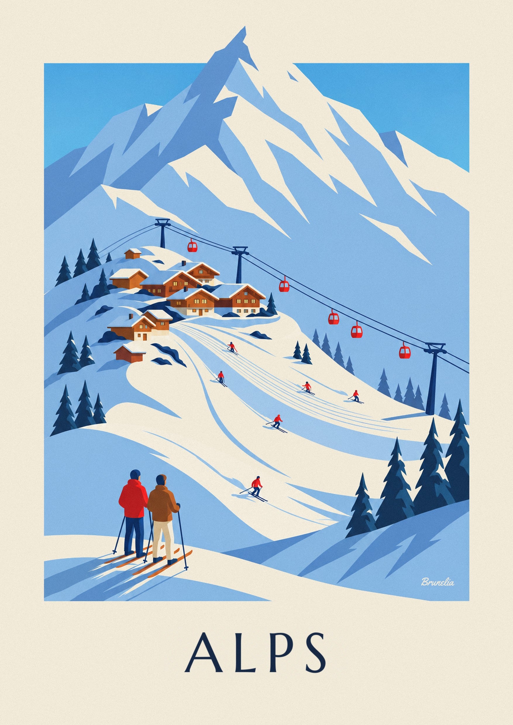 Poster Skiort in den französischen Alpen mit Gondelbahn: Detail in Nahaufnahme