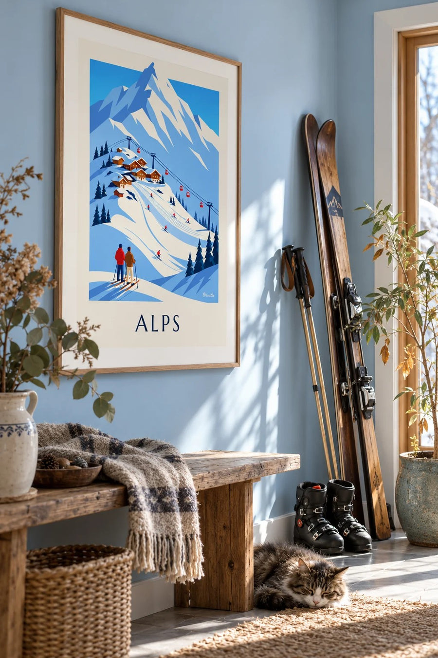 Poster Skiort in den französischen Alpen mit Gondelbahn: gerahmt an der Wand
