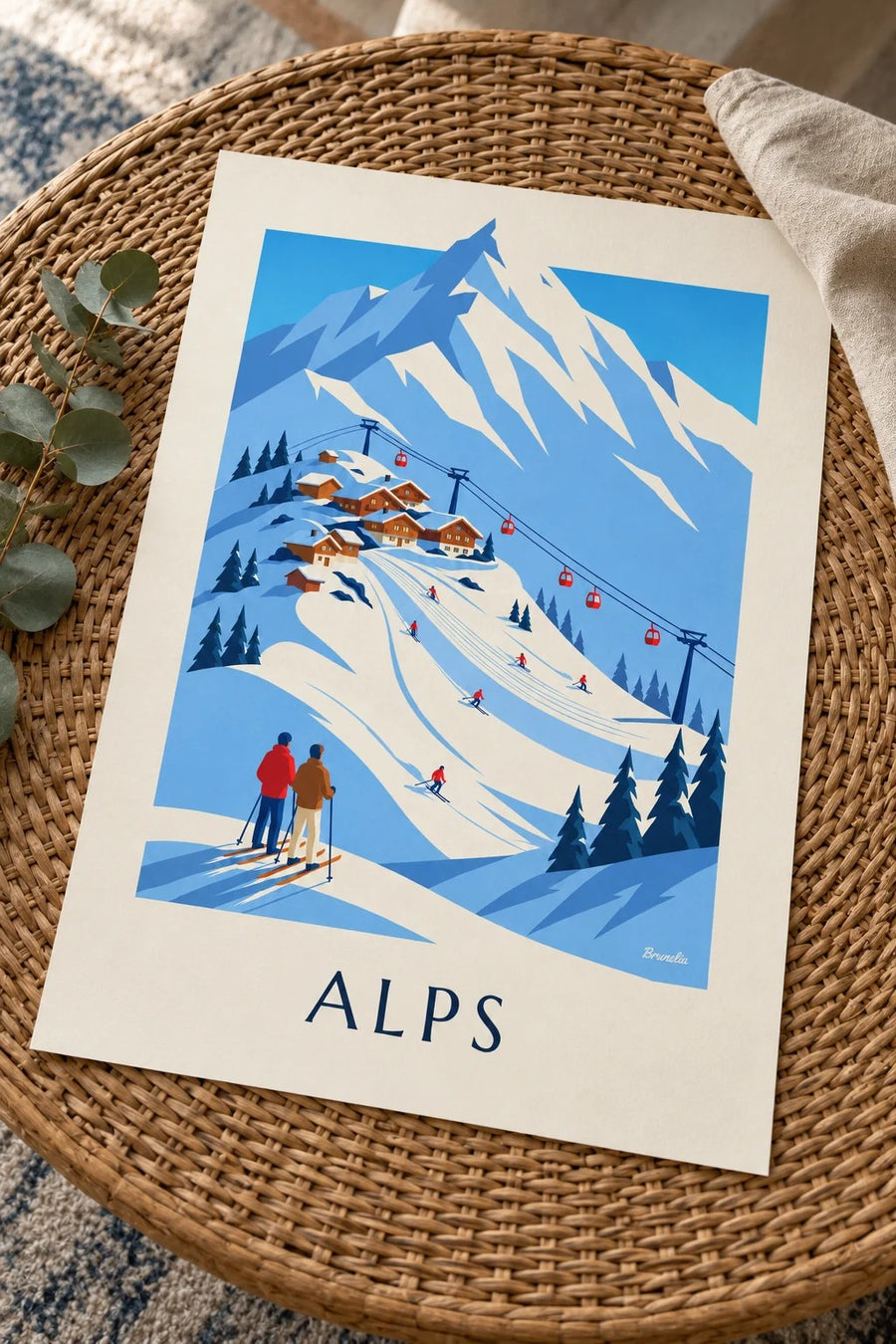 Poster Skiort in den französischen Alpen mit Gondelbahn: auf einem Tisch abgestellt