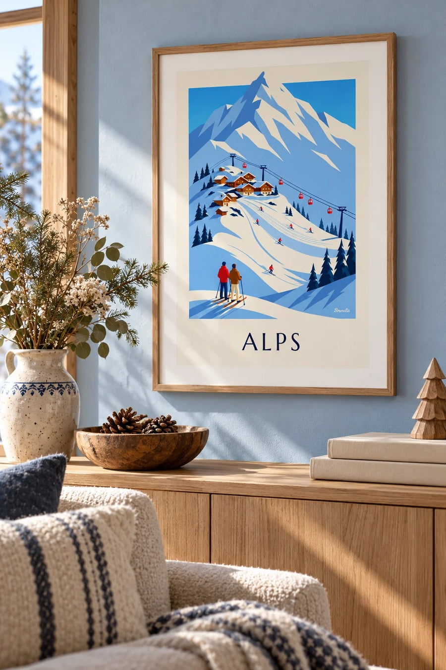 Poster Skiort in den französischen Alpen mit Gondelbahn: kleines Format A4 gerahmt