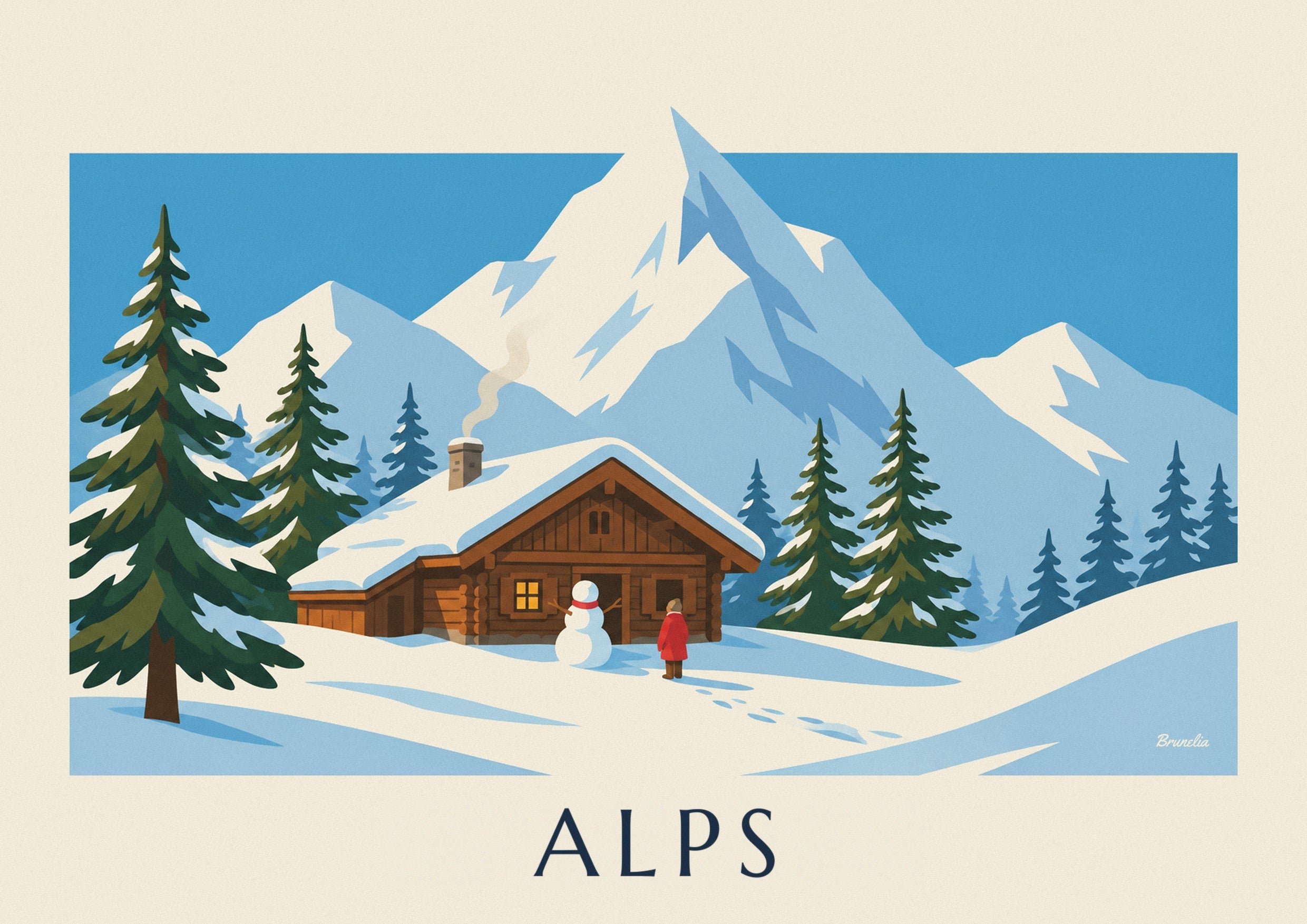 Affiche chalet enneigé et bonhomme de neige dans les Alpes : détail en gros plan