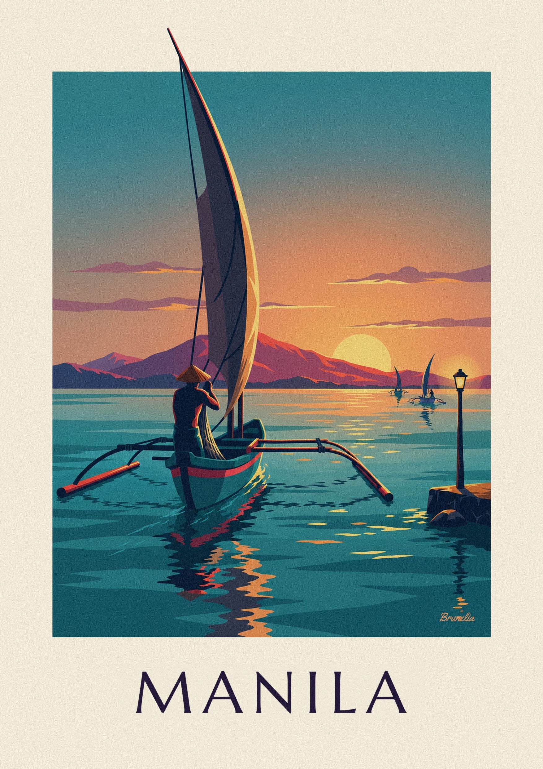 Poster Bangka-Auslegerboot in der Bucht von Manila bei Sonnenuntergang: Detail in Nahaufnahme