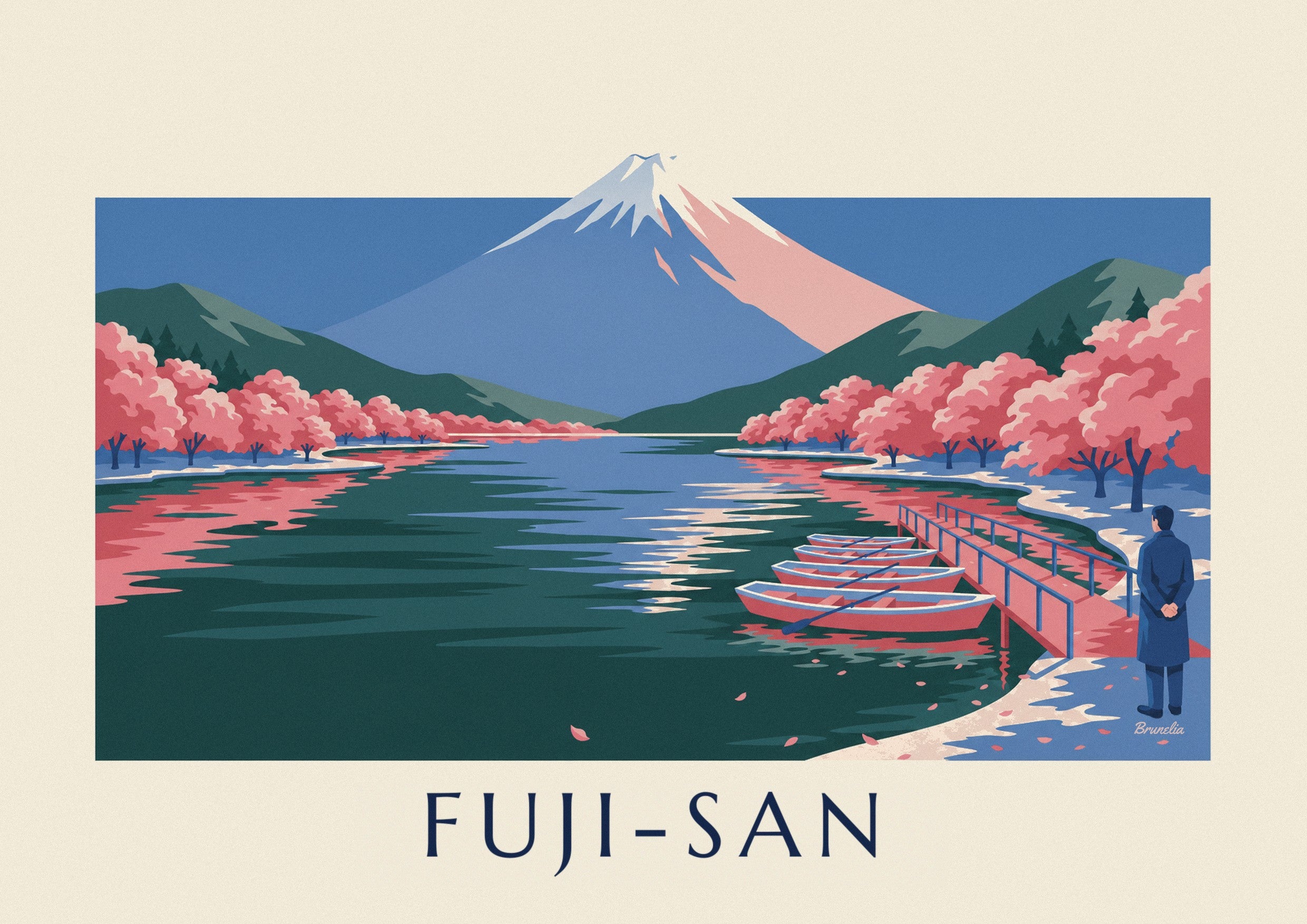 Poster Fuji, Kirschblüten und Boote am Steg: Detail in Nahaufnahme