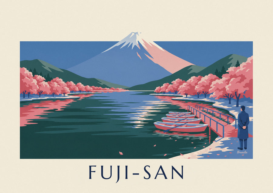 Poster Fuji, Kirschblüten und Boote am Steg
