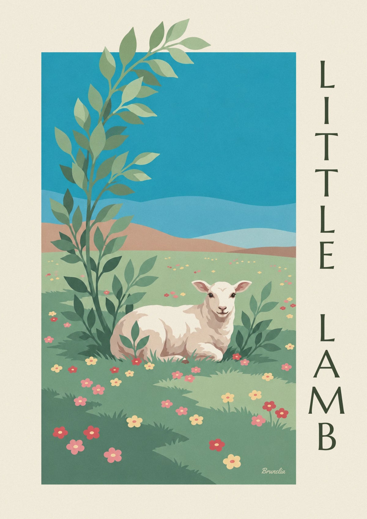 Little white lamb and wildflower meadow poster