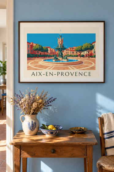 Affiche fontaine de la Rotonde à Aix-en-Provence : encadrée au mur