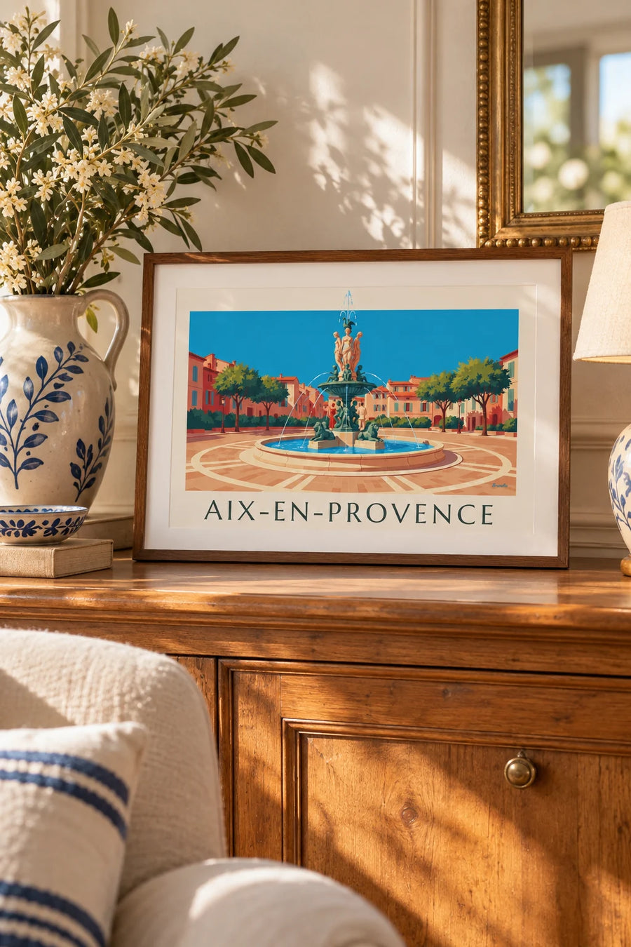 Affiche fontaine de la Rotonde à Aix-en-Provence : petit format A4 encadré