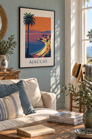 Poster Bucht von Ajaccio und Îles Sanguinaires bei Sonnenuntergang: gerahmt an der Wand