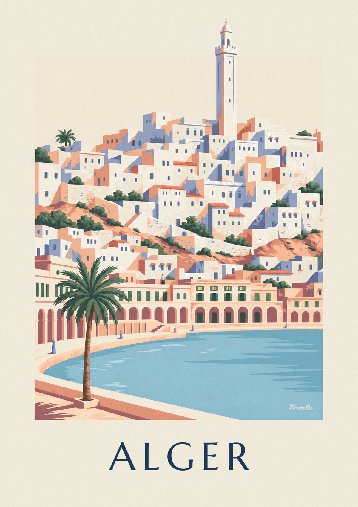 Poster weiße Kasbah von Algier und Uferfront mit Arkaden
