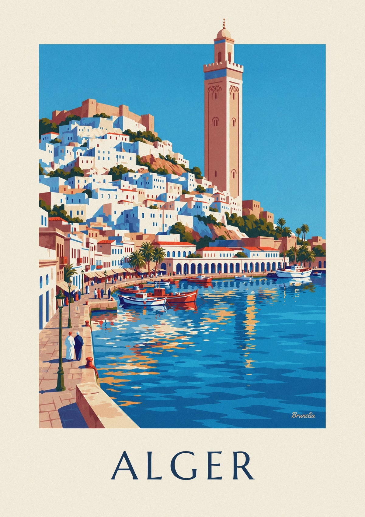 Poster weiße Kasbah von Algier, die zum Mittelmeer hinabführt