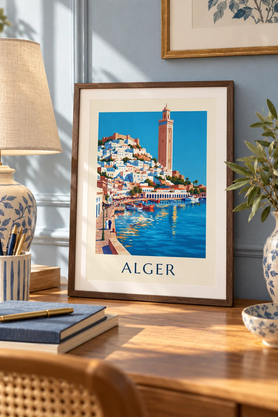 Affiche Casbah blanche d'Alger descendant vers la Méditerranée : petit format A4 encadré