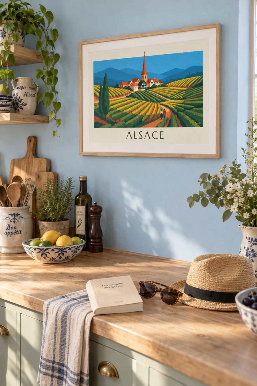 Poster Weinstraße und Weinberge in Terrassen im Elsass: gerahmt an der Wand