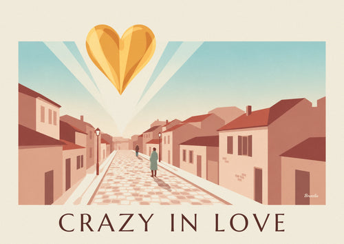 Poster of a golden heart, “Crazy in Love,” on a powder pink background: the full poster