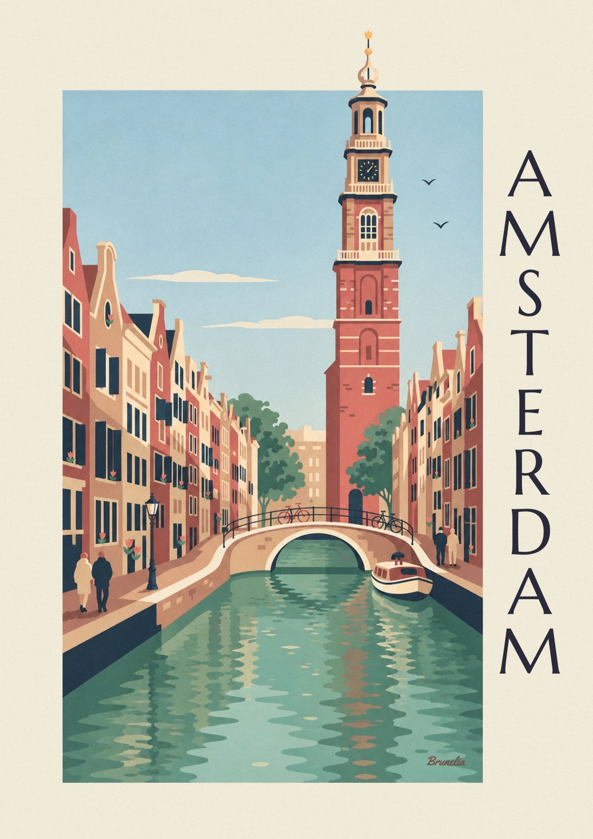 Poster Amsterdamer Gracht, Giebelhäuser und Fahrräder auf der Brücke