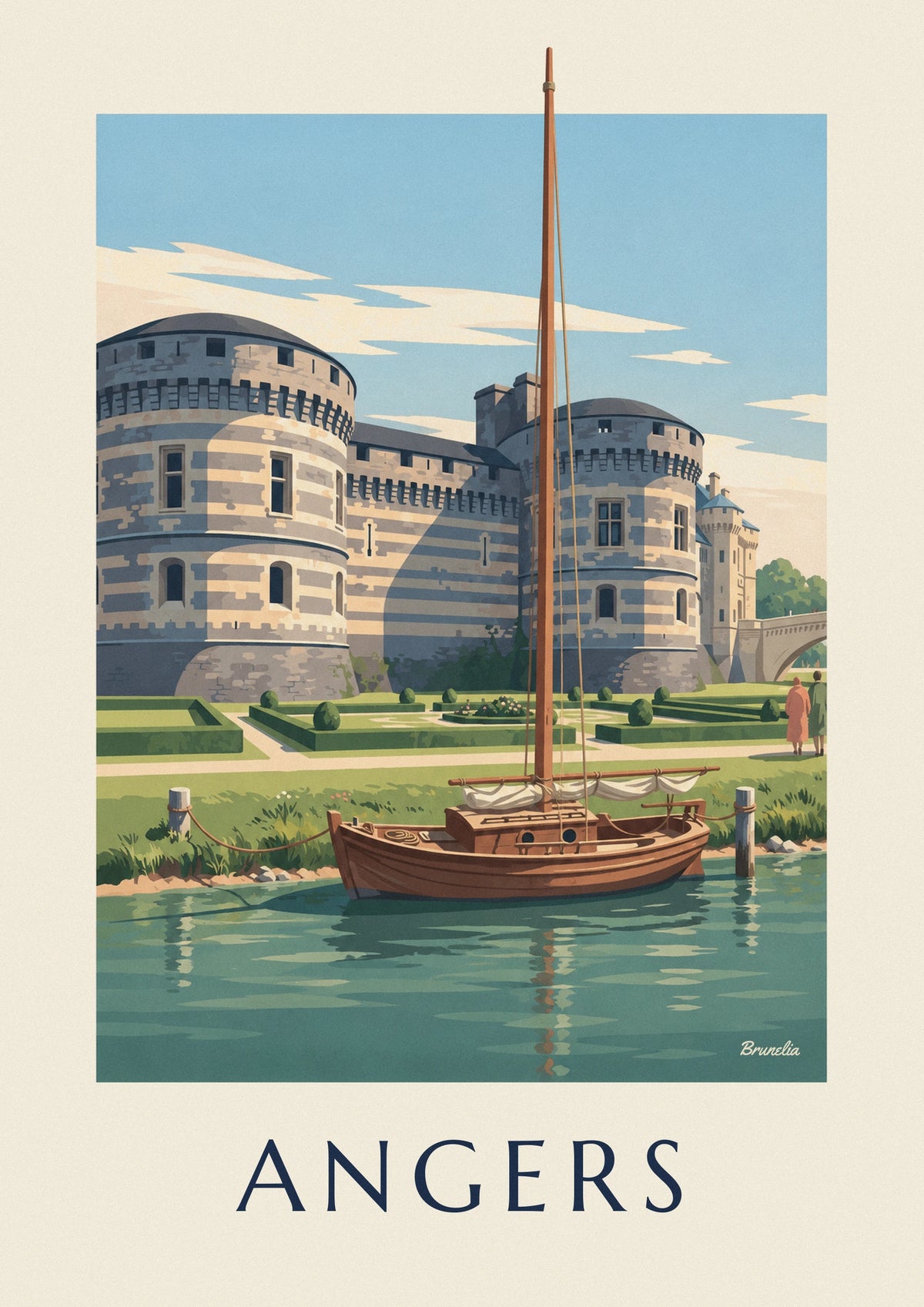 Poster Schloss Angers und vertäutes Segelboot auf der Maine