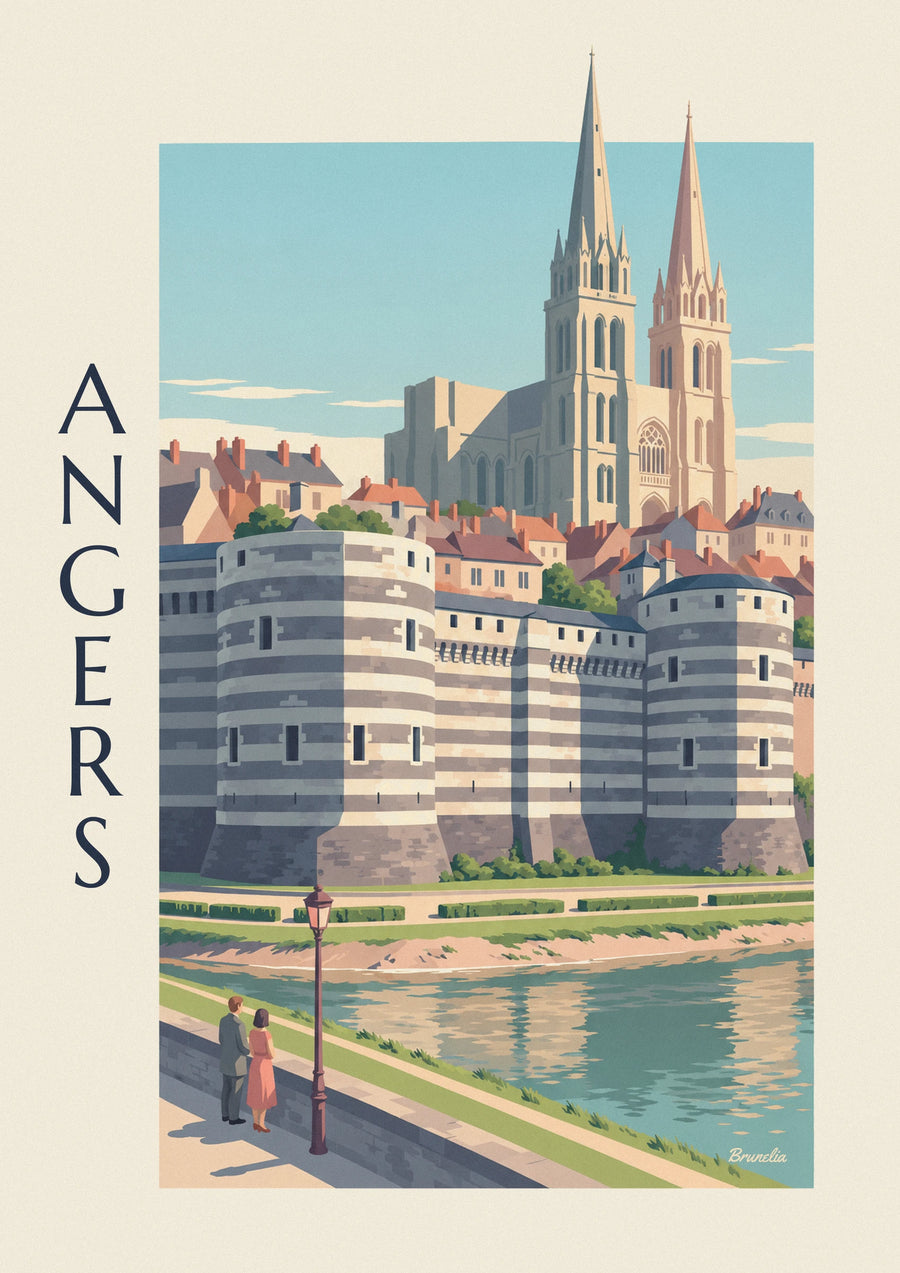 Poster Schloss Angers und Kathedrale am Ufer der Maine