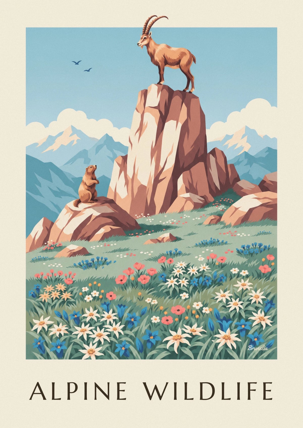 Poster Tier- und Pflanzenwelt der Alpen, Steinbock, Murmeltier und Edelweiß