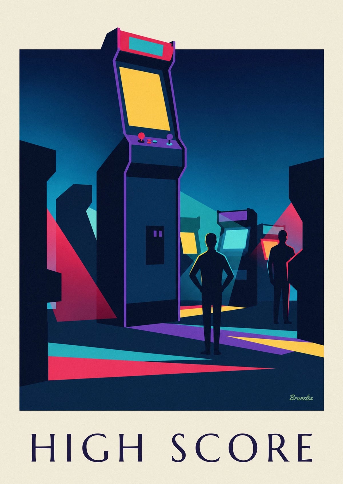 Neon-lit arcade game room poster