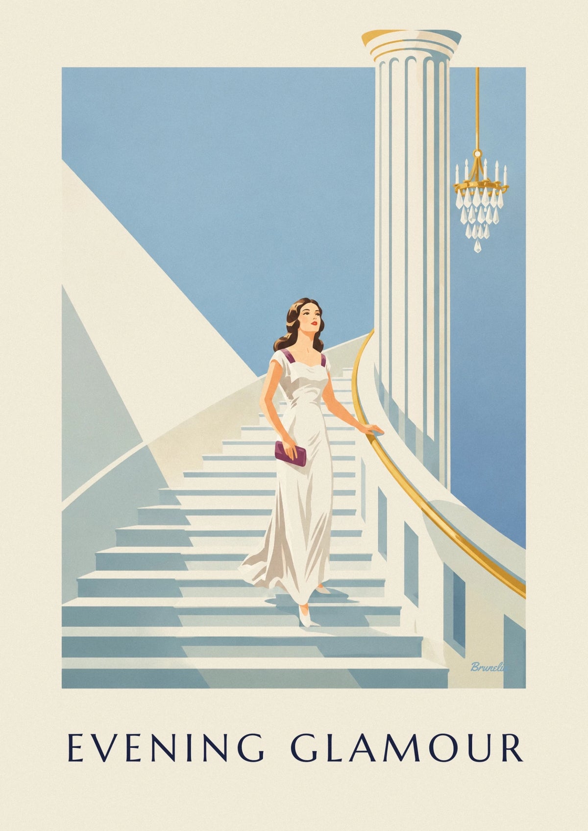 Poster Frau im Abendkleid auf einer großen Treppe