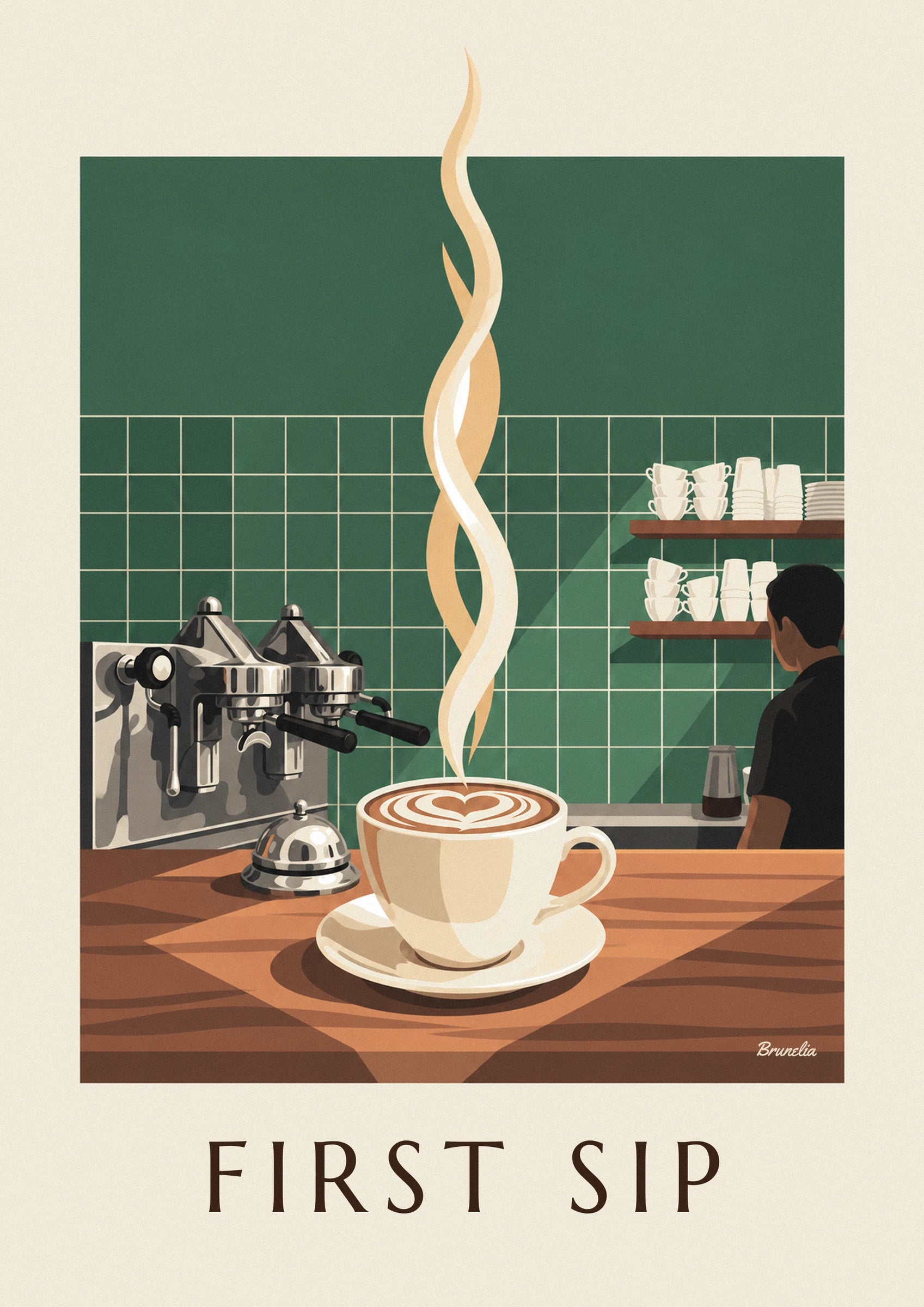 Der Cappuccino mit Schaumherz auf seiner Untertasse, mit goldenem Dampf über der Holztheke