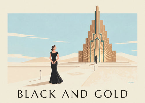 Poster glamouröse Frau im schwarzen Kleid mit goldenem Schmuck: das ganze Poster