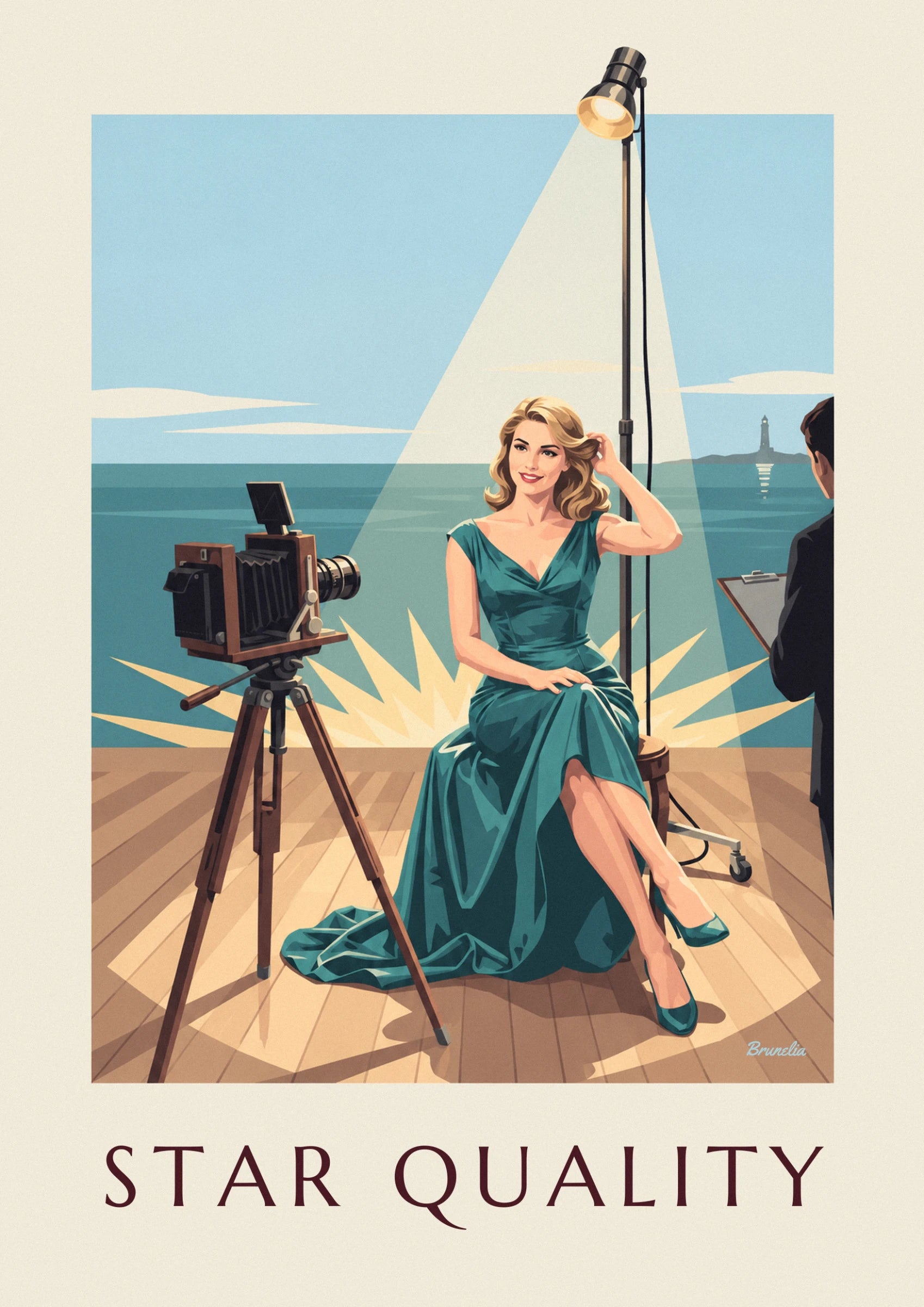 The blonde woman in a green dress, with a hand in her hair, sitting beside a spotlight