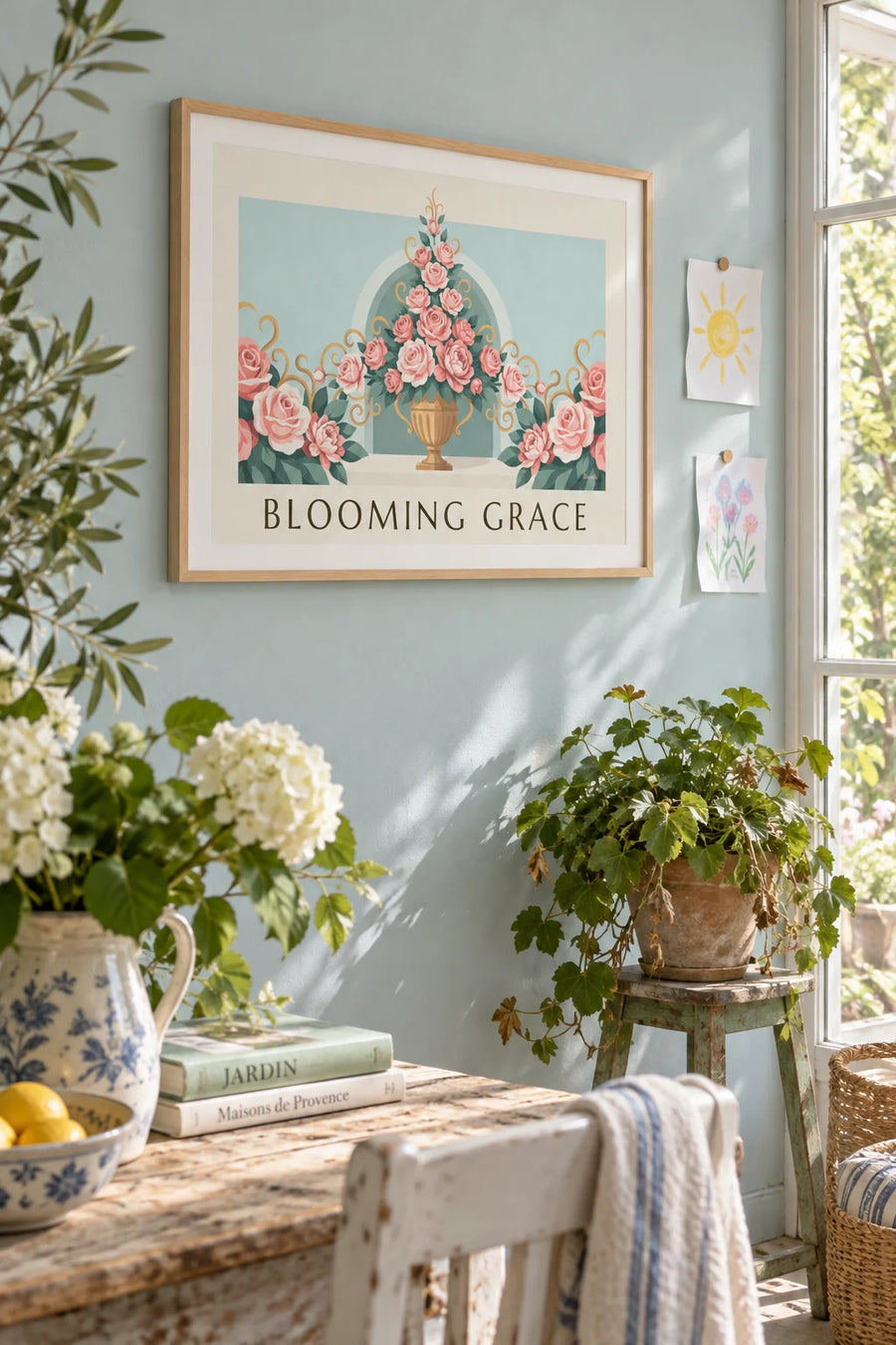 Poster Blumenarrangement mit Rosen und Pfingstrosen in einer Urne: gerahmt an der Wand