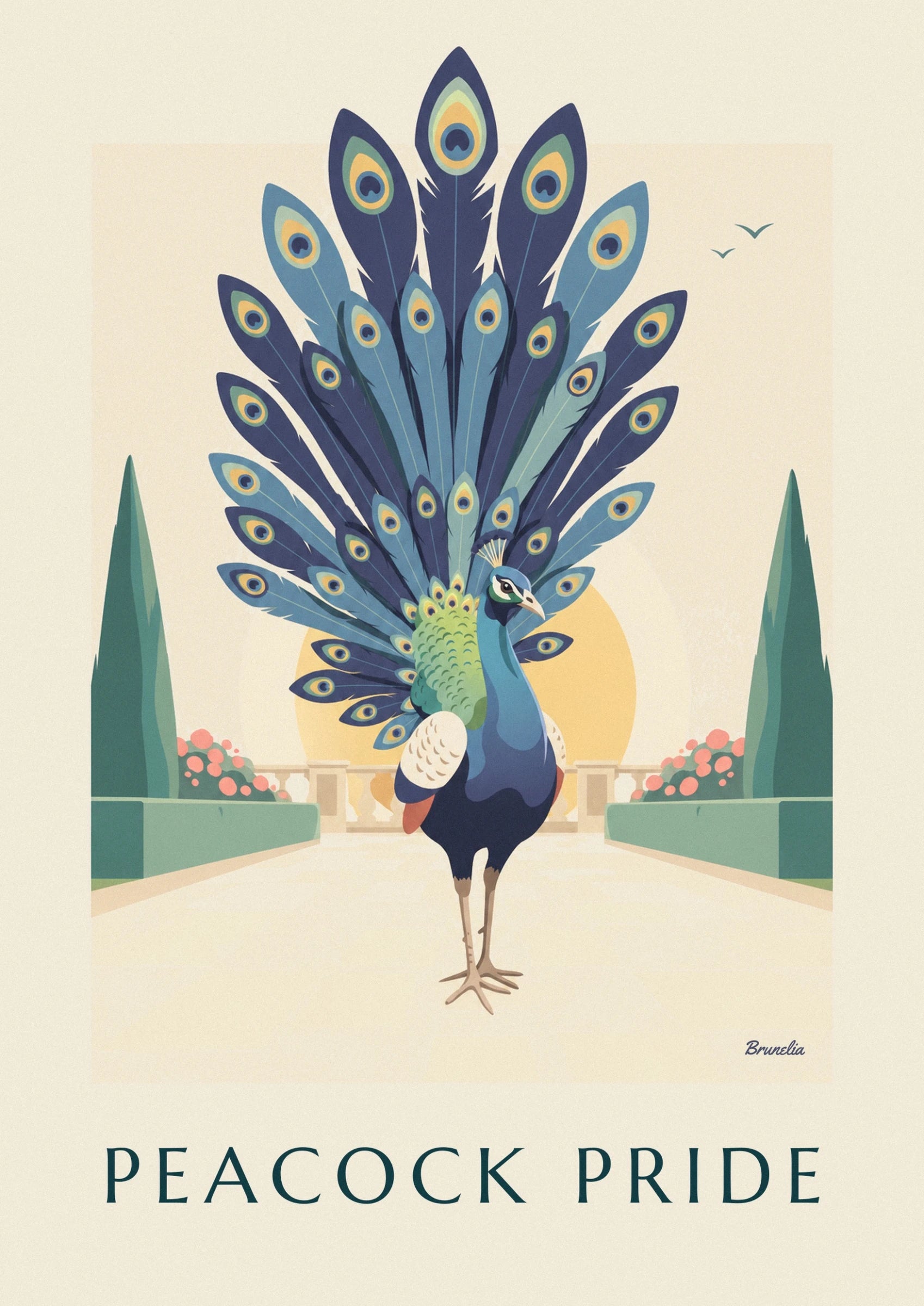 The blue and green peacock on its long legs, in front of the golden sun and balustrade