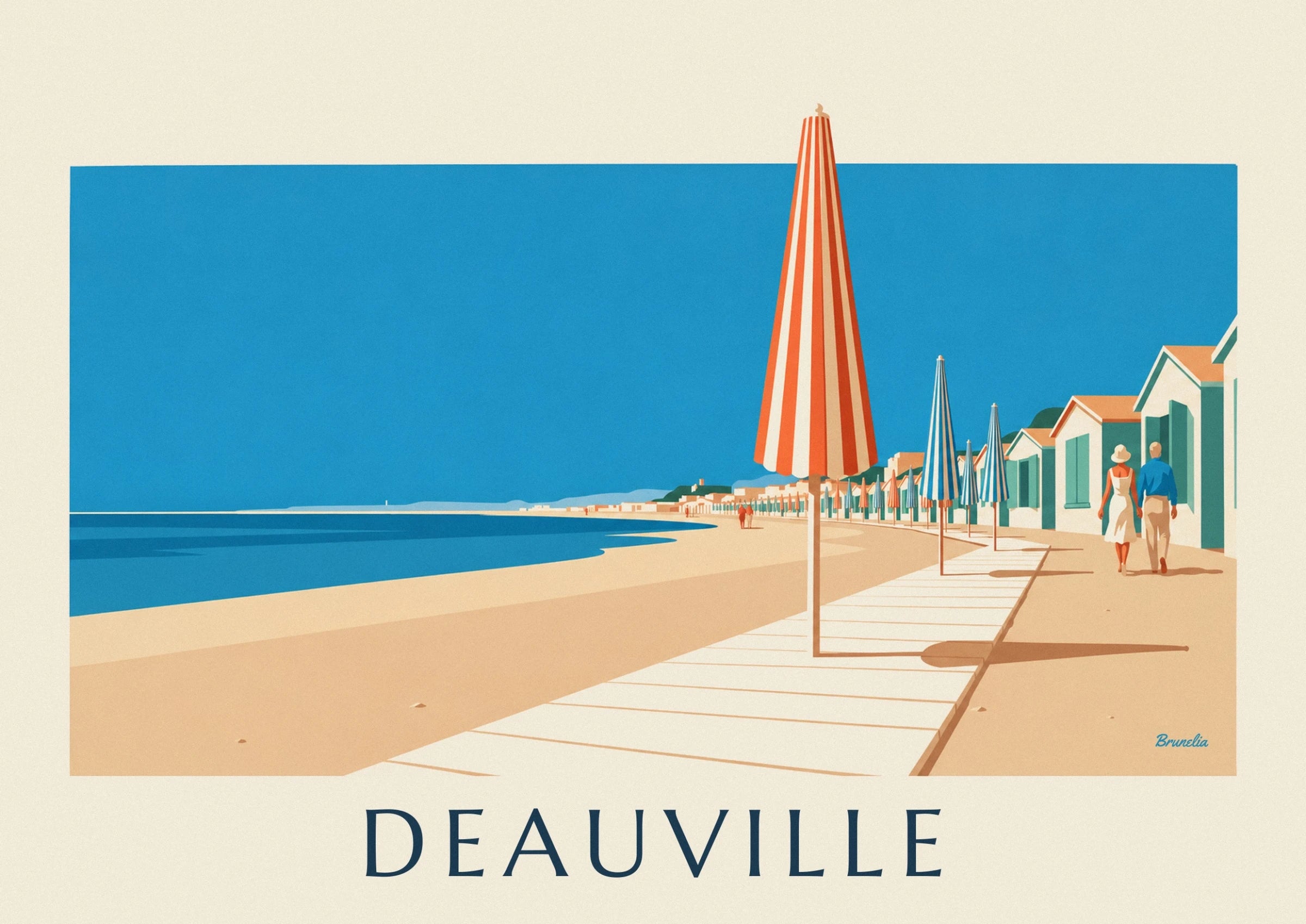 Der große orange-creme gestreifte Sonnenschirm vor den blauen Sonnenschirmen und der Promenade von Deauville
