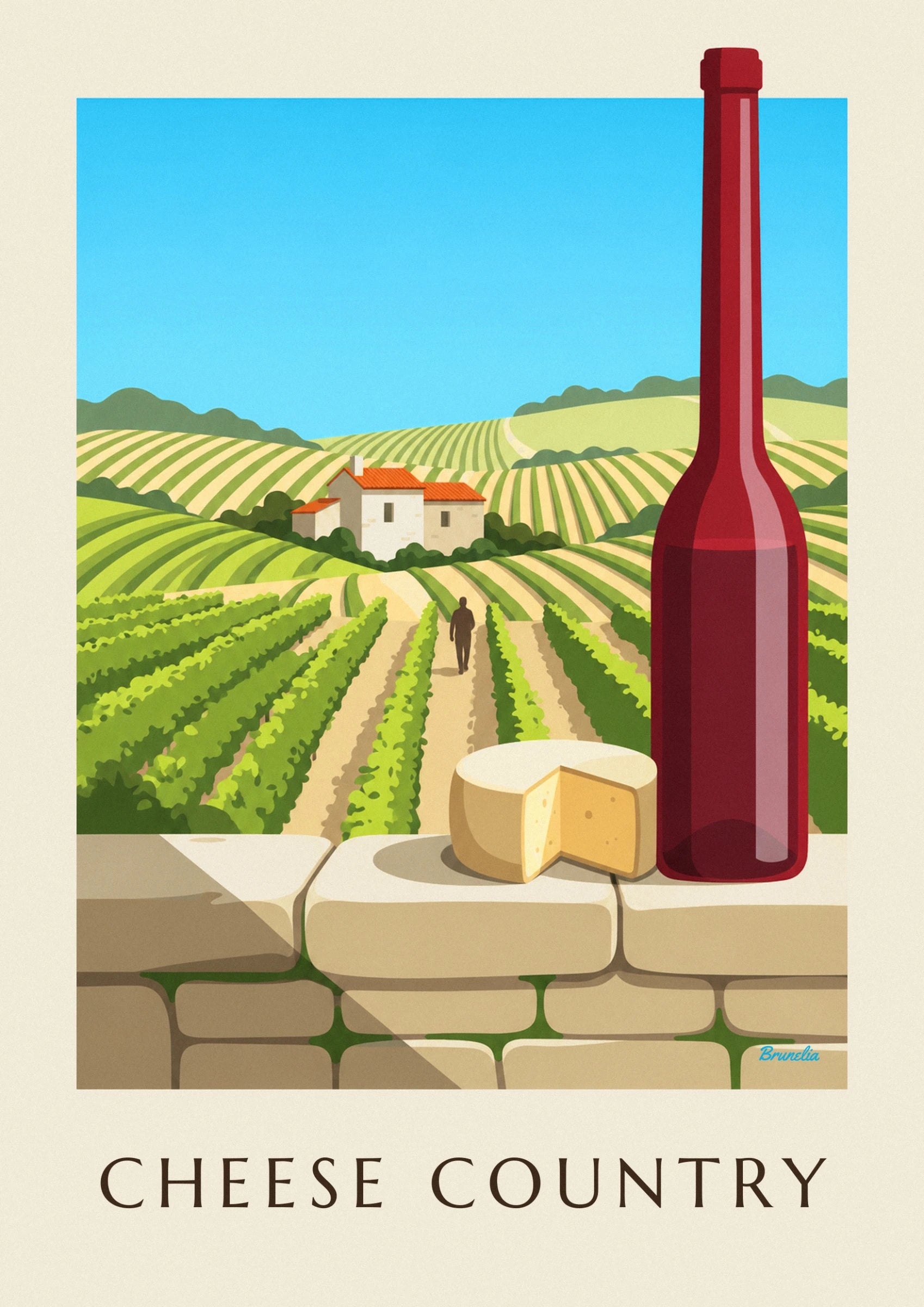 Ein angeschnittener Käselaib und eine Flasche Rotwein vor den Weinreben