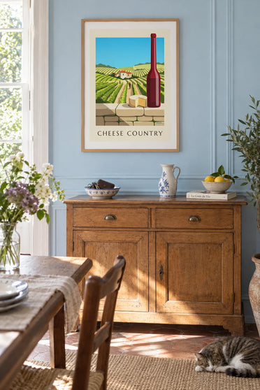 Affiche fromage fermier et vin rouge devant les vignobles : encadrée au mur