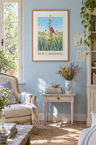Poster Rotkardinal und Wildblumen: gerahmt an der Wand