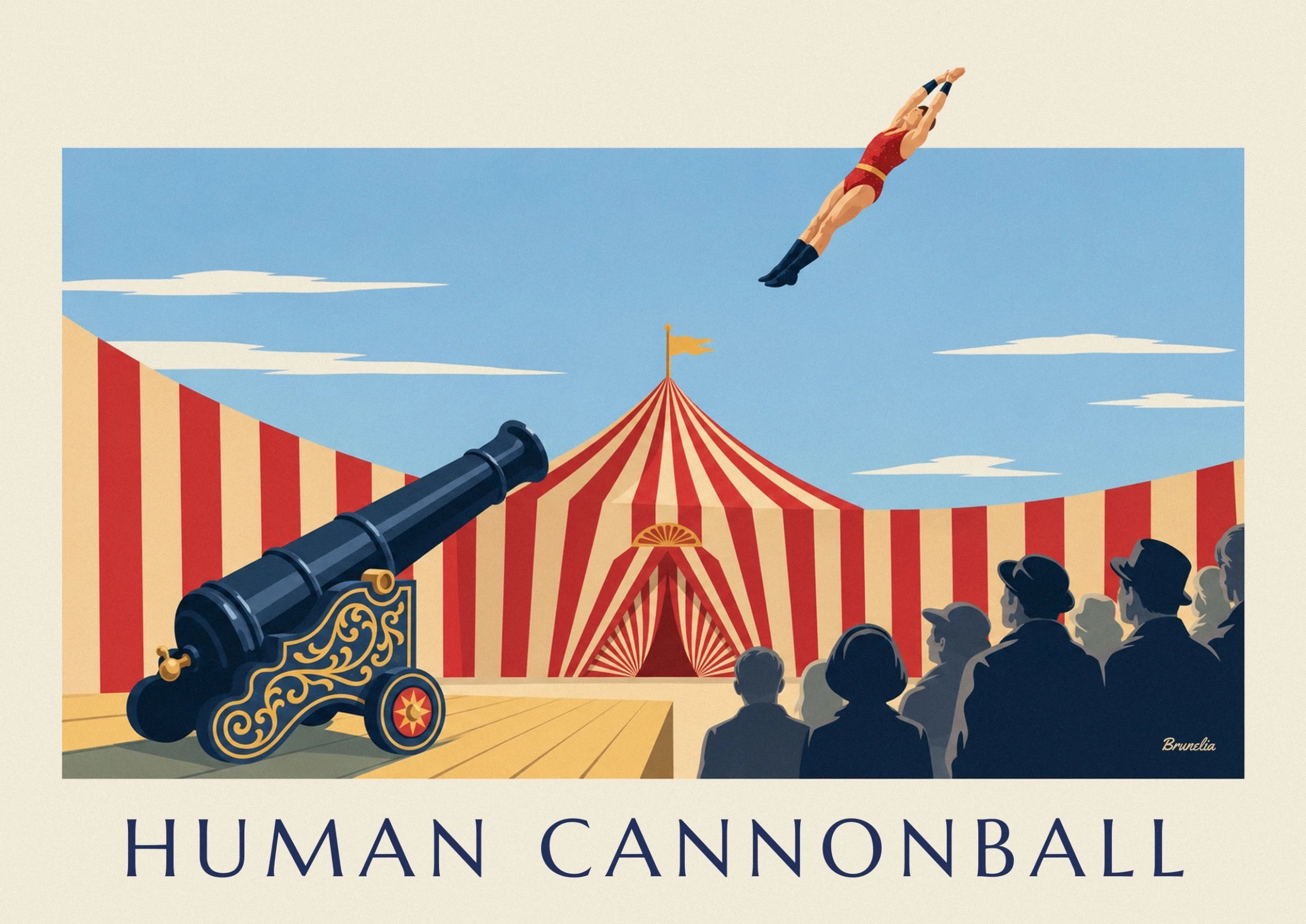 The human cannonball in a red outfit, arms outstretched and blue boots in the sky