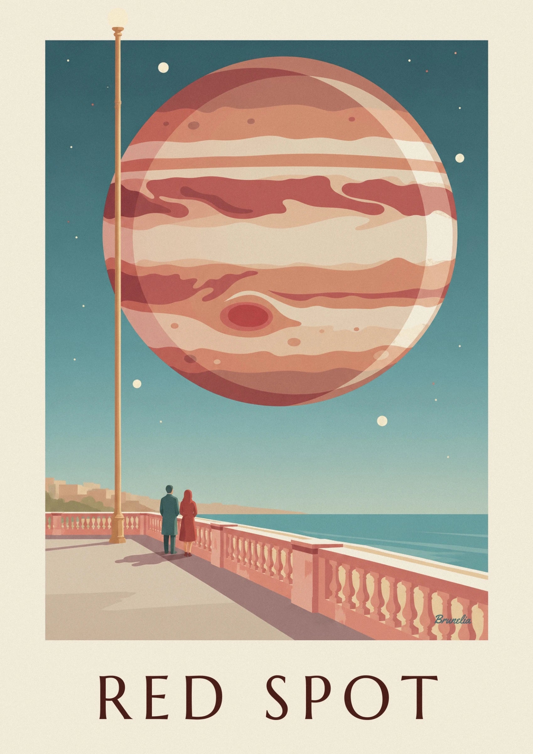 Die cremefarbenen, orangefarbenen und roten Bänder des Jupiters vor dunkelblauem Himmel