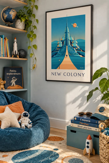Poster Kolonie unter Glaskuppeln auf einem Planeten: gerahmt an der Wand
