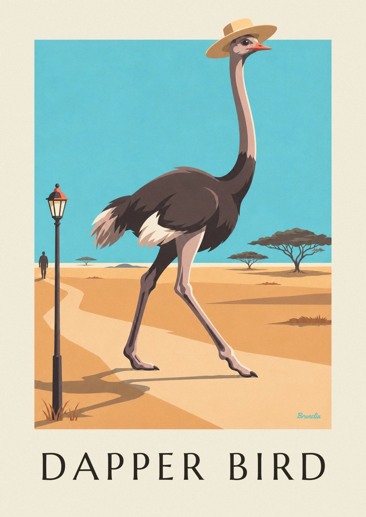 Ostrich in a panama hat on the savanna poster