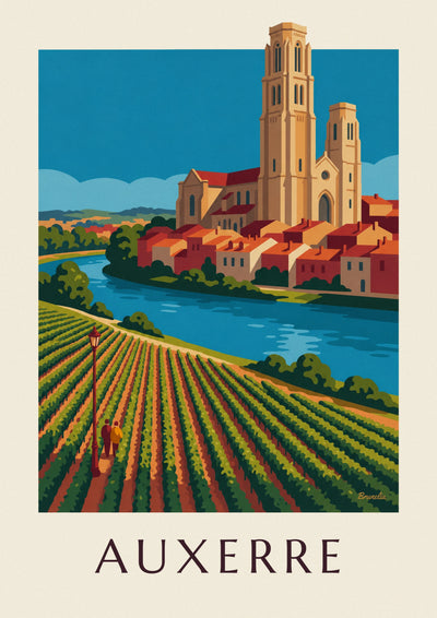 Affiche vignobles d'Auxerre et cathédrale au bord de l'Yonne : l'affiche entière