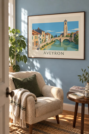 Affiche maisons en pierre au bord de la rivière Aveyron : encadrée au mur