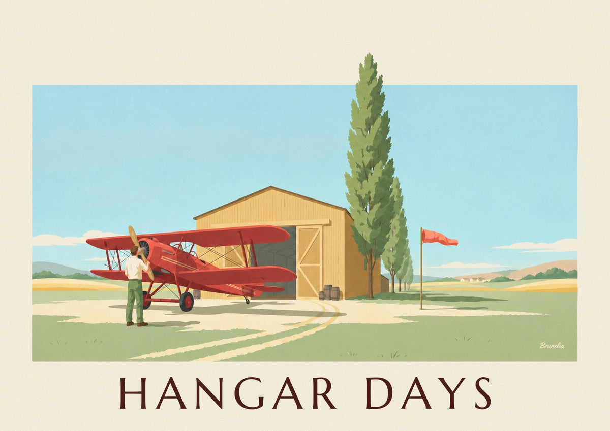 Affiche biplan devant son hangar en bois sur l'aérodrome