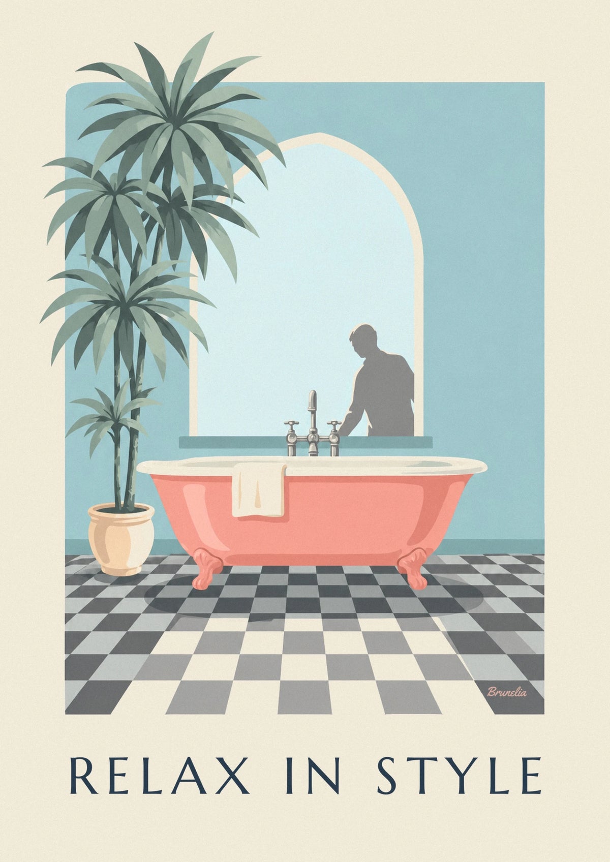 Poster korallenrote Badewanne und Schachbrettfliesen