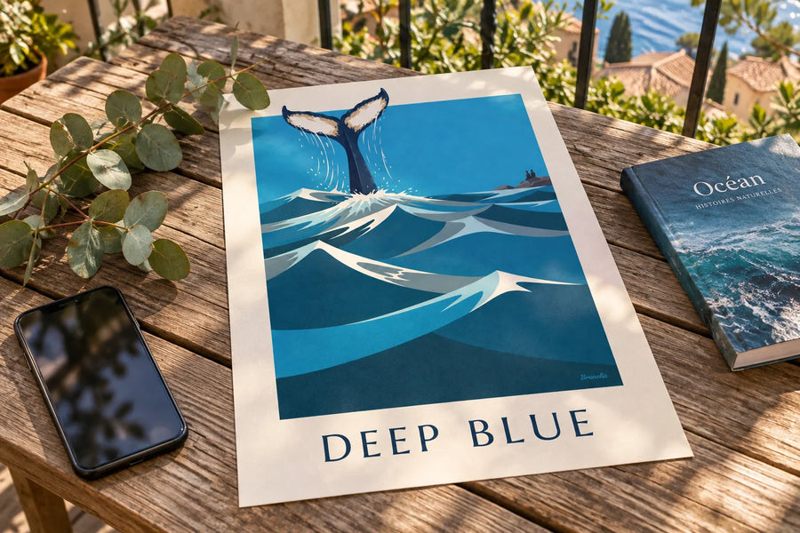 Affiche baleine à bosse plongeant dans l'océan, queue dressée : posée sur une table