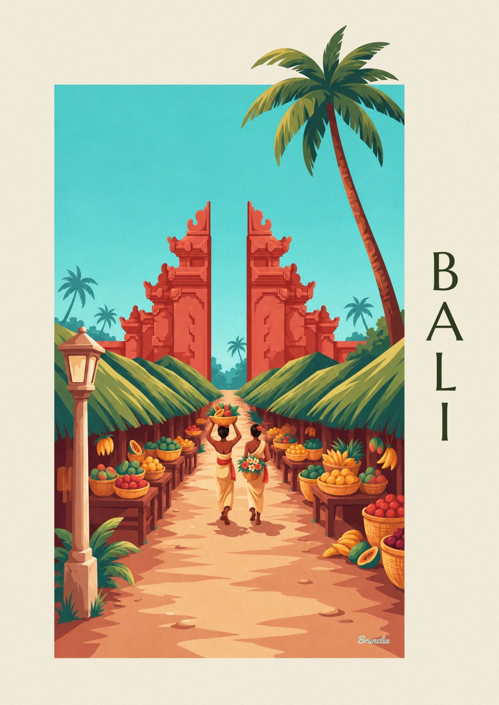 The red-brick Balinese temple gateway between green roofs and a turquoise sky