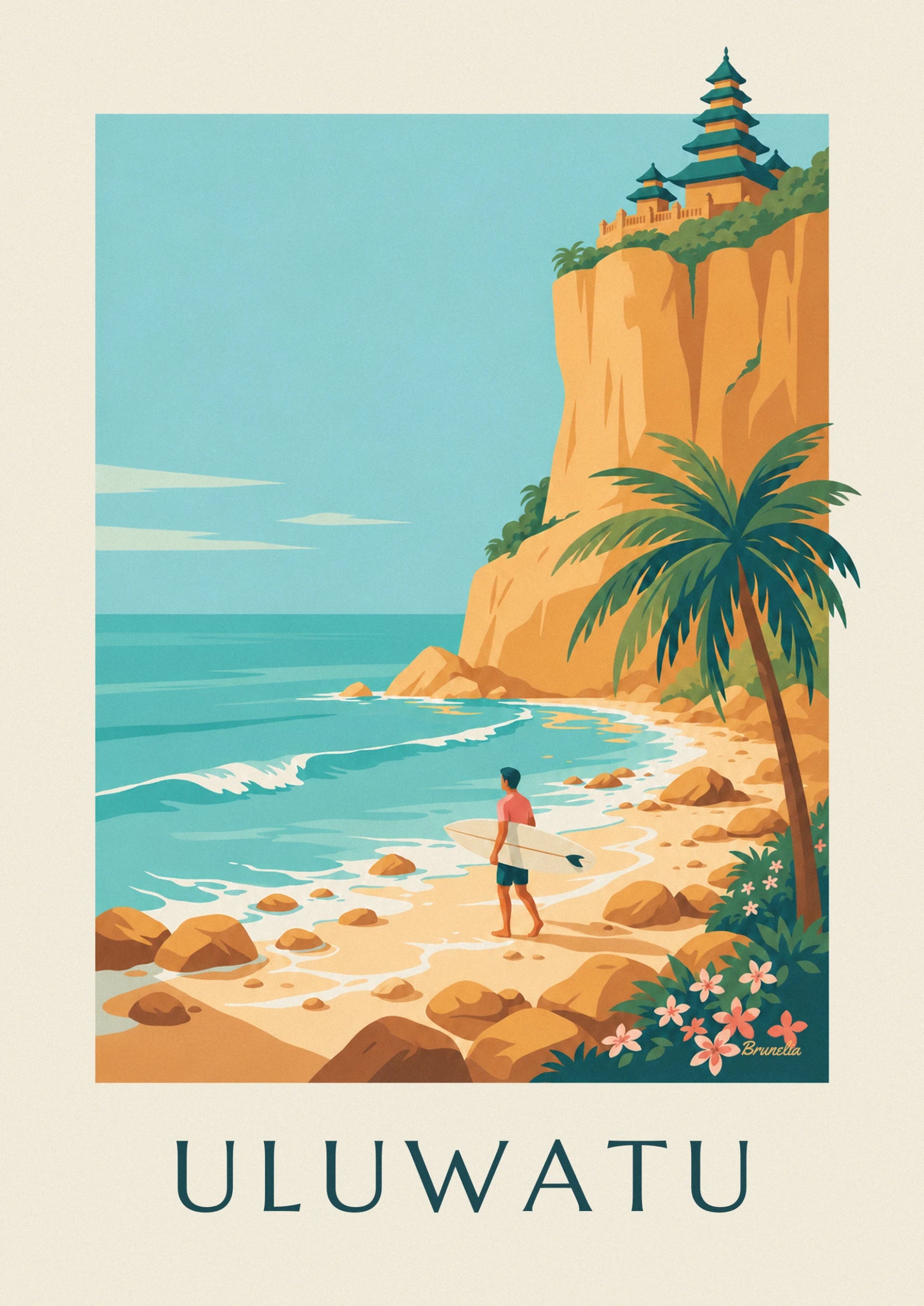 Le surfeur en t-shirt rose et short vert, sa planche blanche sous le bras, pieds nus sur le sable