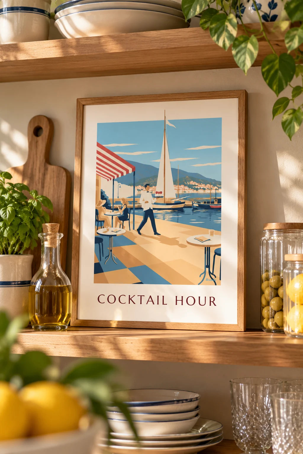 Küche: Poster Kellner mit Aperitifs auf einer Hafenterrasse im Raum
