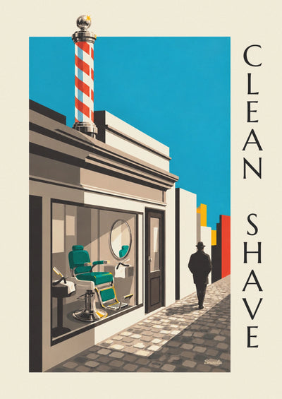 Poster mit Barbier, gestreiftem Schild und Rasiermesser in Schwarz-Weiß: das ganze Poster