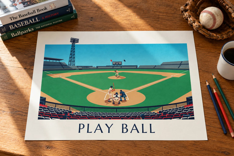 Affiche match de baseball vu des tribunes un après-midi : posée sur une table