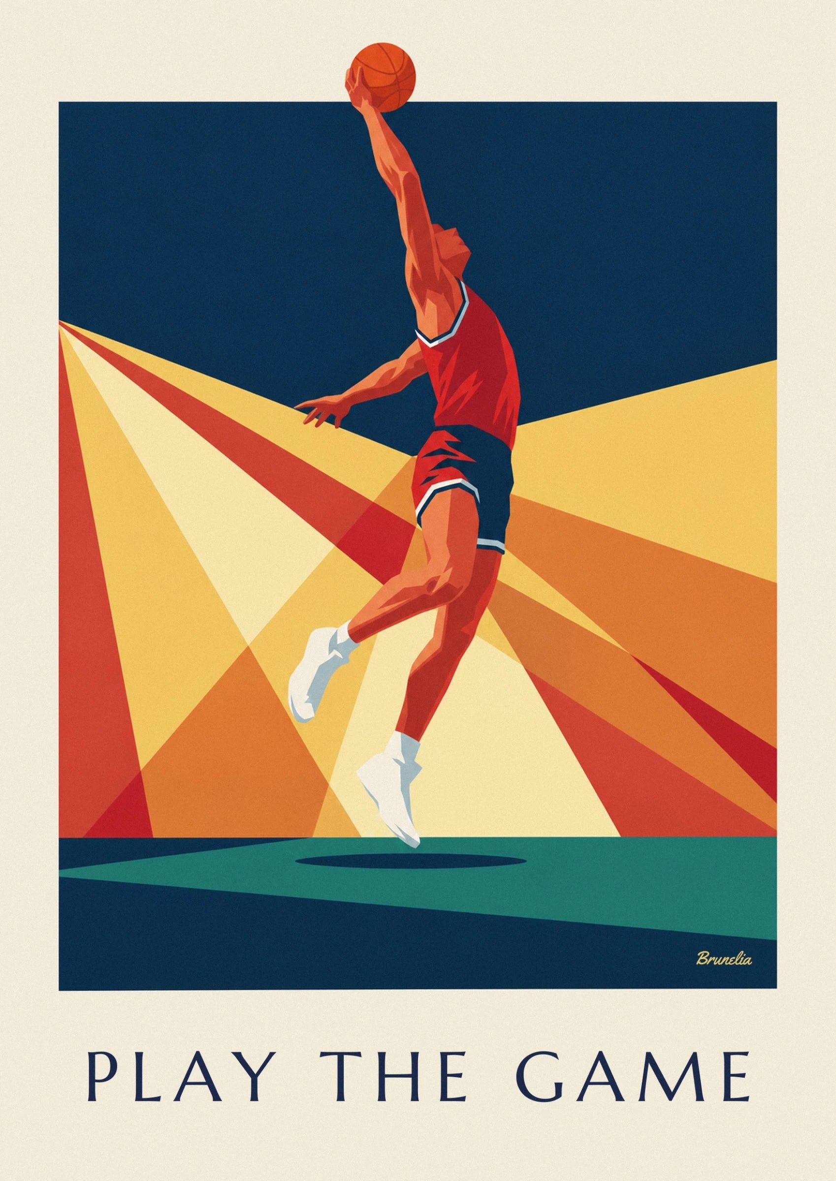 Basketball player mid-dunk with sunburst rays poster: close-up detail